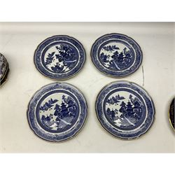 Four Copeland Spode dinner plates decorated with New Bridge pattern, three Viersa dessert plates with floral and gilding decoration and three similar examples 