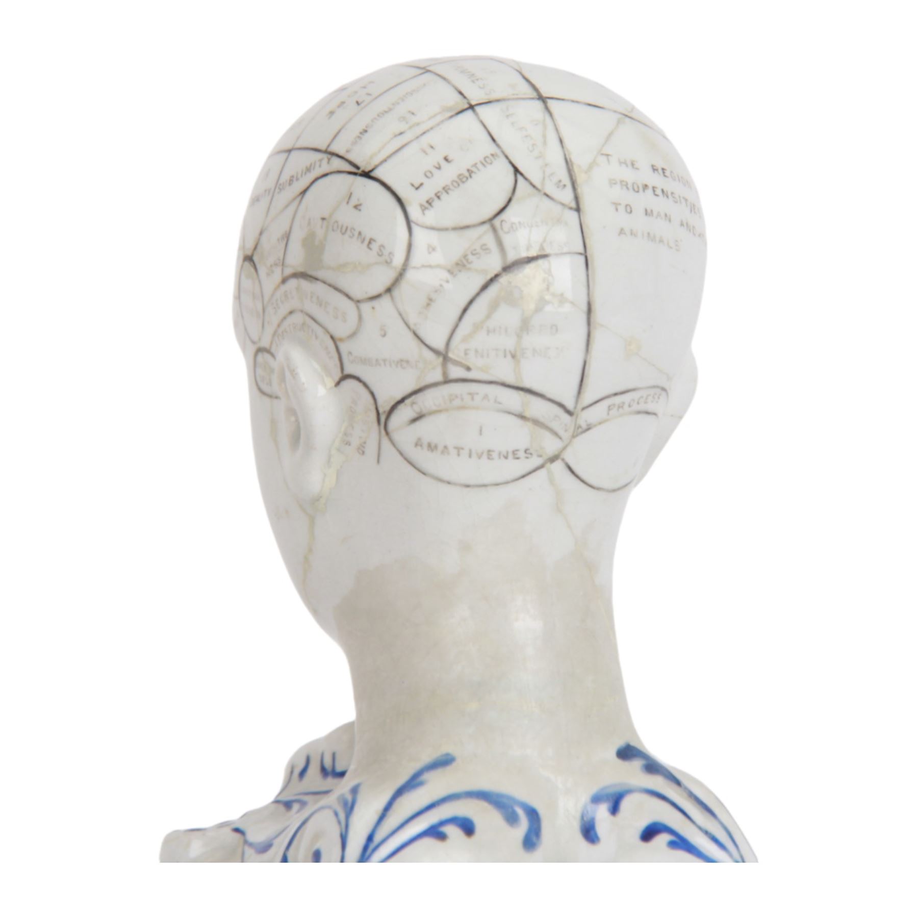 19th century Staffordshire pottery Phrenology head inkwell, circa 1860, the head mapped out, upon a scrolling base with pen/ink recesses and rectangular plinth impressed 'By F. Bridges Phrenologist', H14cm