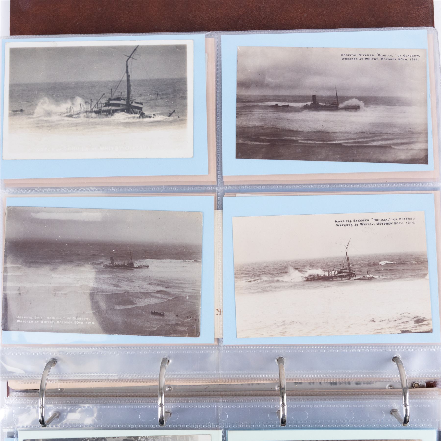 Two-hundred and thirty eight early 19th century to 20th century Whitby view postcards, including twenty-four early 19th century court cards, seventeen views of Whitby Abbey, forty depicting the fishing fleet and harbour, with a selection of cards providing a detailed study of the early 'Yards' the fisherman's dwellings around the harbour, all housed within a Stanley Gibbons Picture Postcard Album