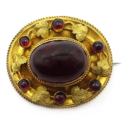 Victorian gold cabochon garnet mourning brooch, applied vine leaf decoration 4cm  