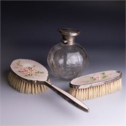 Mid 20th century silver mounted hairbrush and clothes brush, with guilloche enamel floral ...
