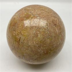 Large pink veined marble sphere, with yellow and grey undertones, D14cm
