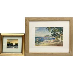 F Pascalet (French 20th century): Sunny Bay Scene, watercolour signed together with English School (20th century): Dog Walk, watercolour signed PD dated '91 max 18cm x 26cm (2)