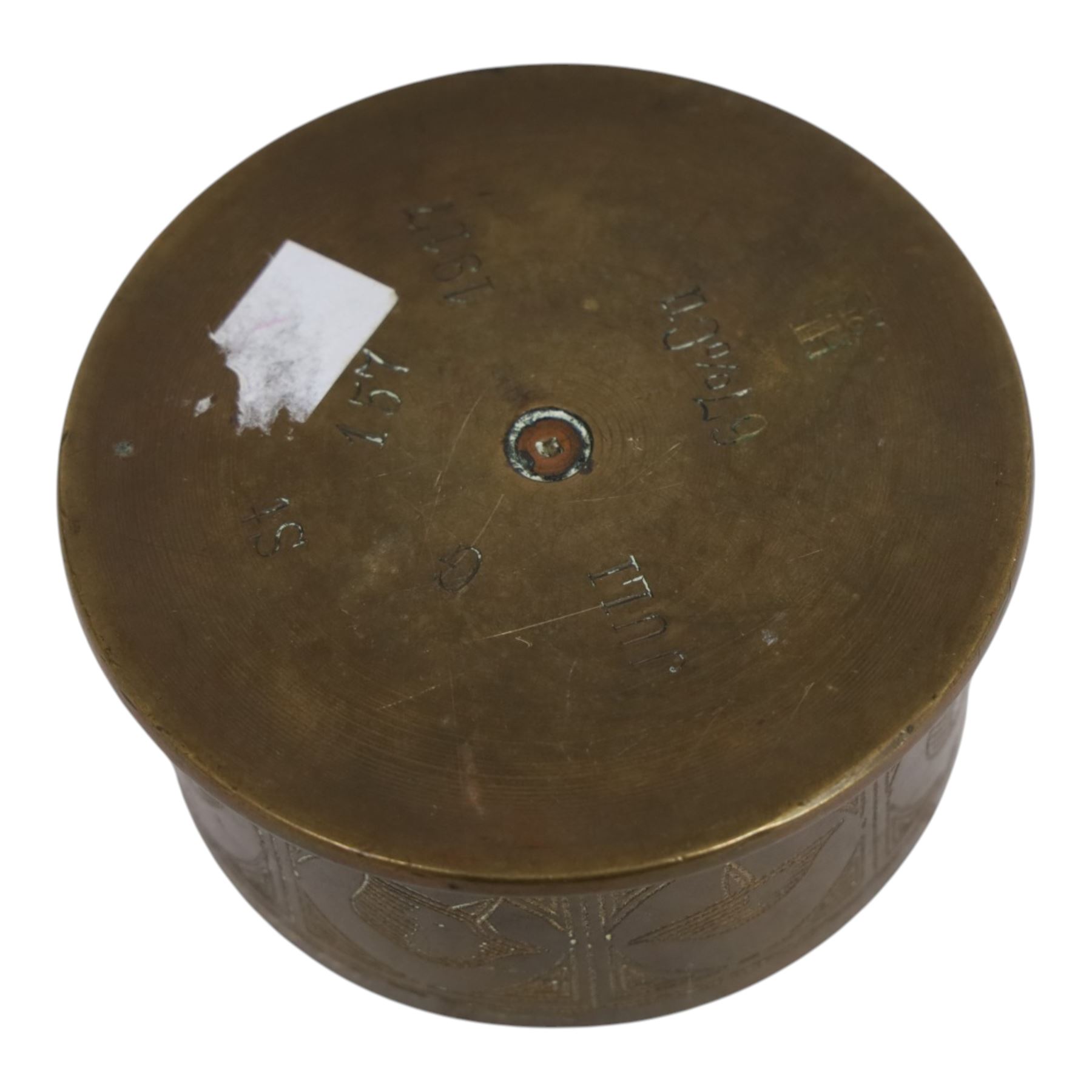 Collection of trench art, including a vase with scalloped rim, applied with a helmet plate to the 45th regiment, mounted on a canted rectangular walnut plinth, together with ashtray with matchbox holder to the center, pair of Boer war vases etc 