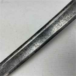 Late 18th century sword, the Spanish 79.5cm curving fullered blade engraved with the Royal Cypher, battle trophies and 'Viva Espania' banner, French Sabre de Mineur brass three-bar hilt with ebonised reeded grip L93.5cm overall (no scabbard)