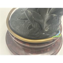 Pair of Art Nouveau style spelter figural table lamps, each mounted on rouge marble effect circular bases, with toleware flower heads and leafy decoration surrounding a female figure, H90cm