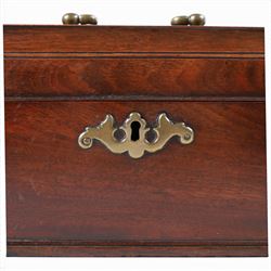 William IV figured mahogany tea caddy enclosing three hinge top lift-out compartments, together with 18th century mahogany tea caddy and circular mahogany coaster, William IV H15cm