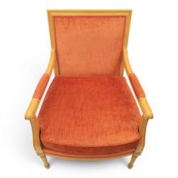 Pair of mid-20th century beechwood fauteuil armchairs, upholstered backrest and seat in terracotta velvet fabric, padded armrests with scroll detail, on tapered fluted supports with carved floral rosette blocks (very modern and not a desirable timber)