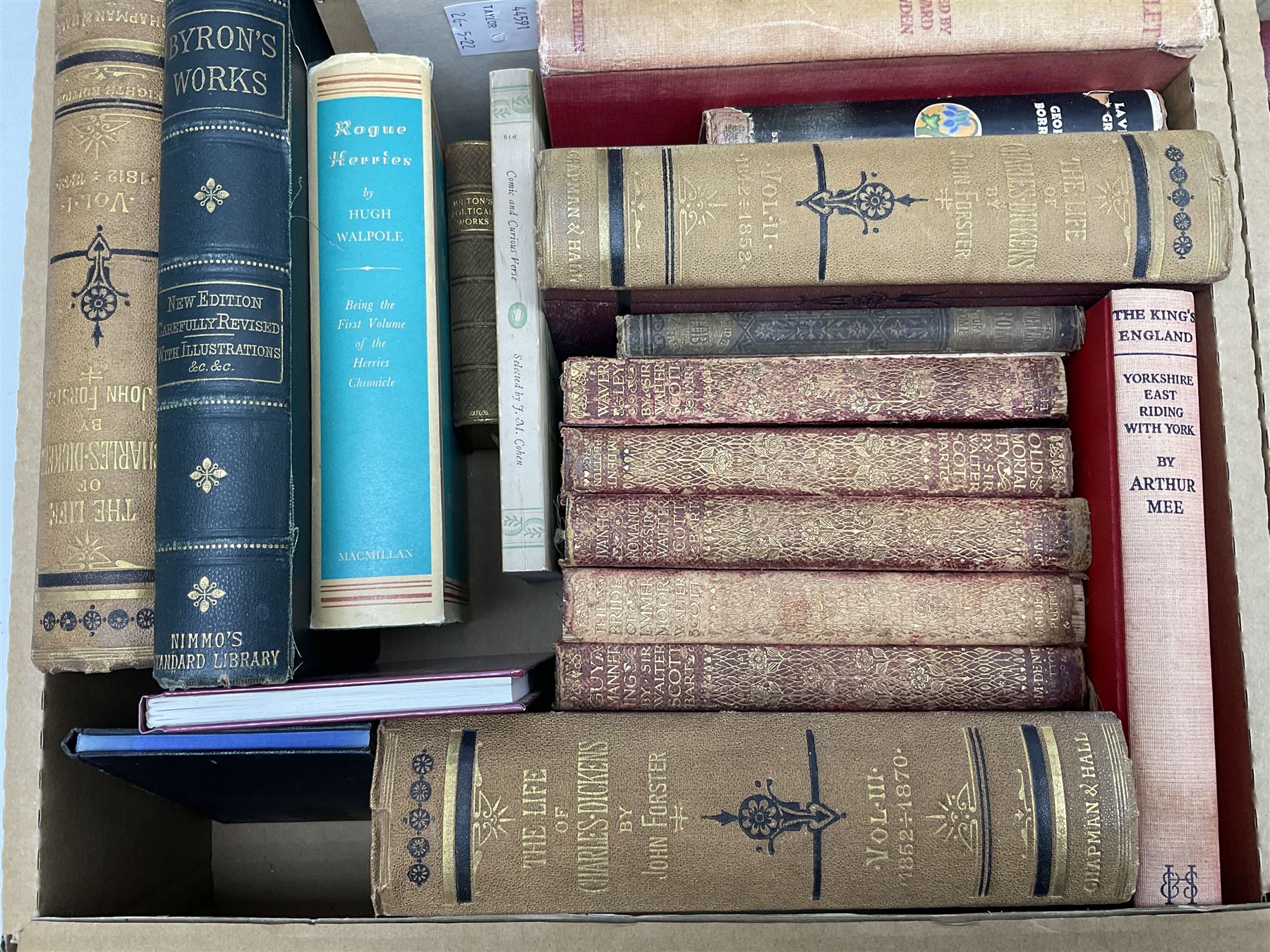Collection of books to include Byron's Works, Hogarth's work, ten volumes by Sir Walter Scott Bart etc, in two boxes 