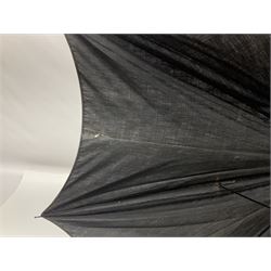 Early 20th century curved horn handle walking stick with hallmarked silver mounts, engraved L Russell 1918, together with a shooting stick by William Mills Birmingham, with leather handle, 'The Featherwaite' shooting stick and an umbrella with wooden handle