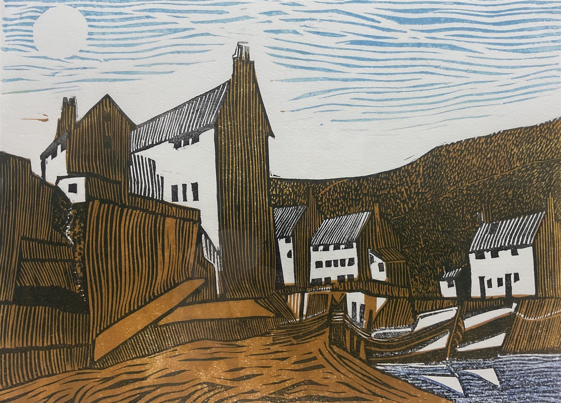 Michael Atkin (Scarborough 1952-): 'Staithes', linocut signed titled and number 8/20, 20cm x 28cm  