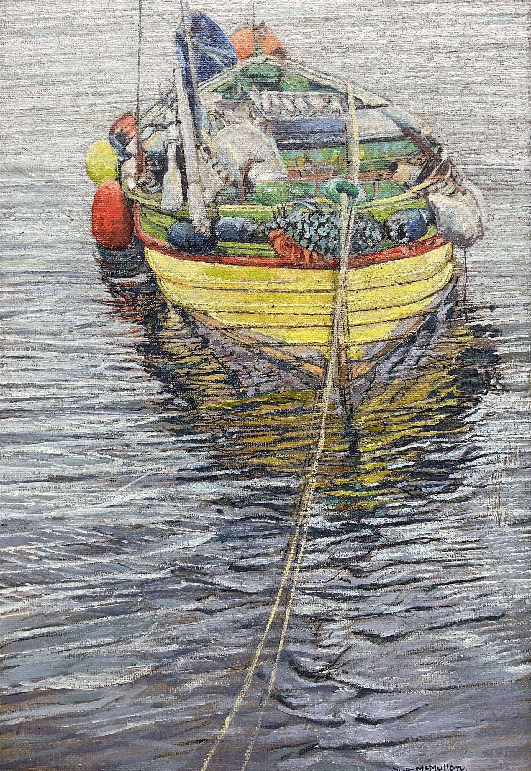 Sue McMullen (British Contemporary): Moored Coble, oil on canvas signed 35cm x 24cm
