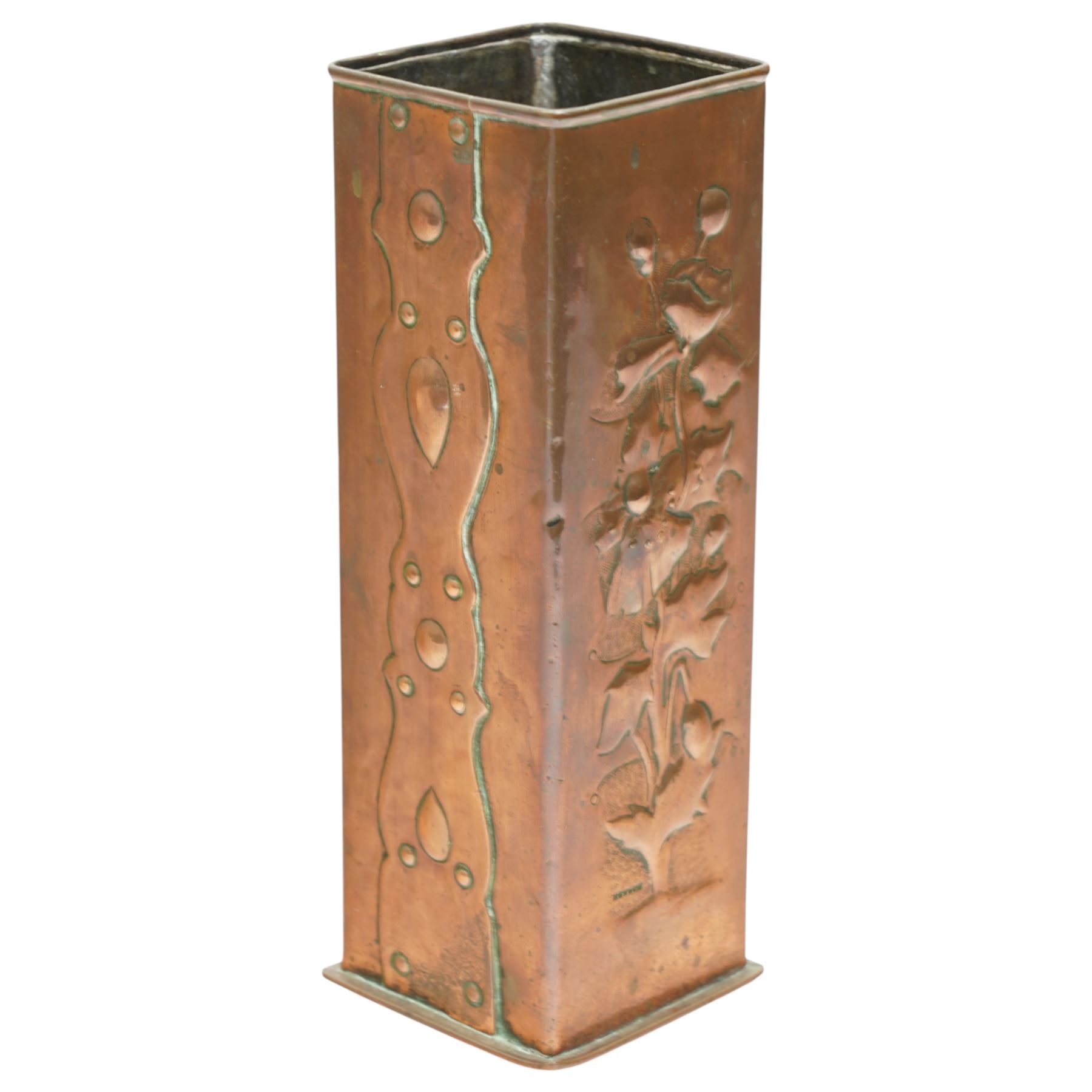 Newlyn Arts and Crafts copper square section vase with flowers and strapwork decoration H21cm and a Newlyn beaten copper circular tray with raised rim and centre panel of a yacht D28cm, both stamped 'Newlyn' (2)