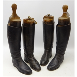  Two pairs of black leather Riding boots with wooden trees (4)  