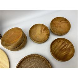 Wooden gallery tray with brass handles and shell decoration to the centre, together with six wooden bowls and other wooden items