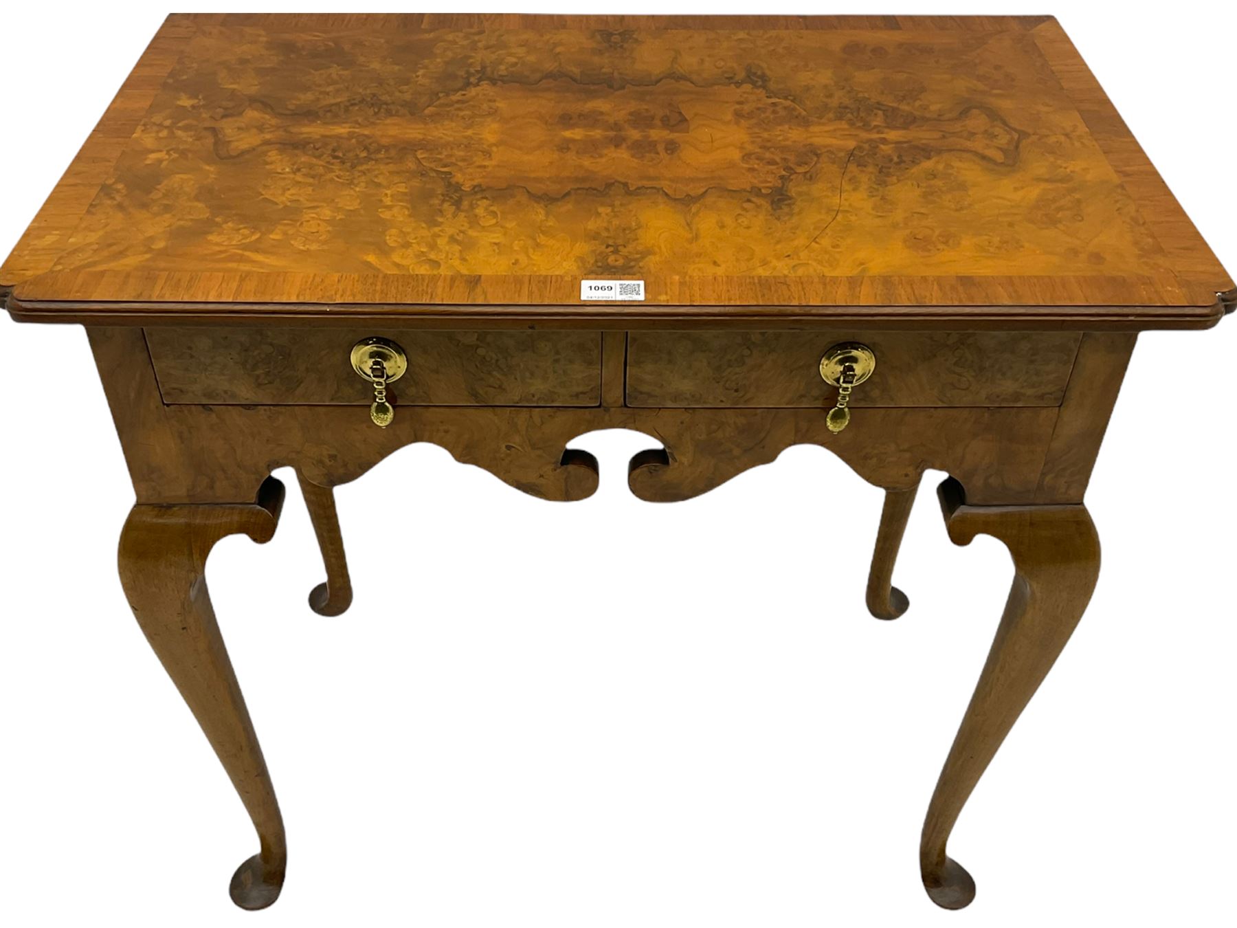 Queen Anne style figured walnut lowboy, moulded rectangular top with band,  over shaped apron fitted with two drawers, on cabriole supports