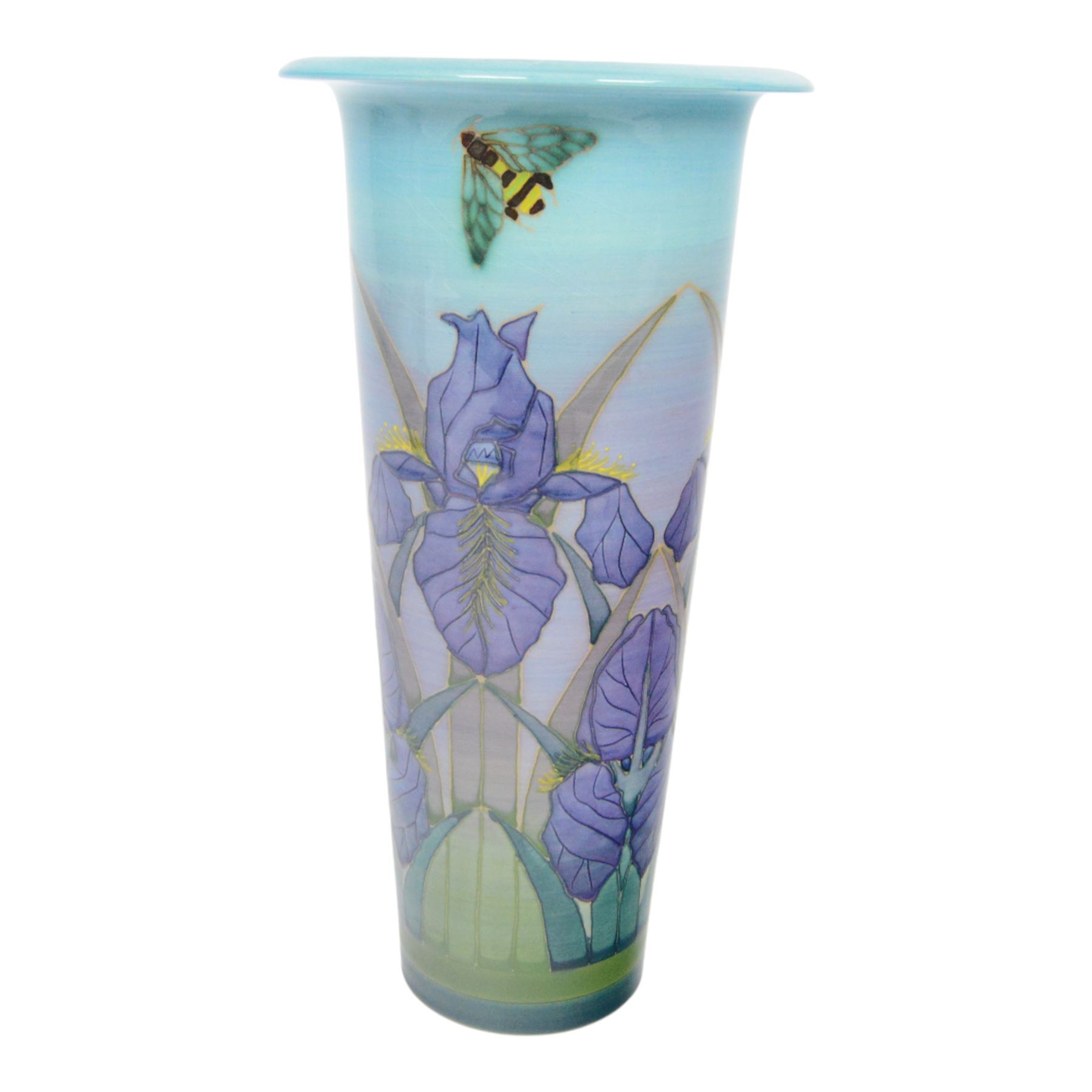 Dennis Chinaworks, Iris vase, by Sally Tuffin, dated 2002, cylindrical form with flared rim, decorated with irises and bees upon blue green ground, signed and stamped beneath, H29cm
