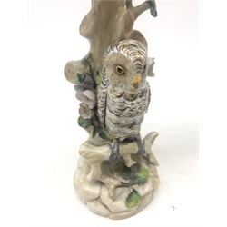  Pair of 19th century Ernst Bohne Söhne porcelain candelabra modelled as Owls perched on a tree, H29cm (a/f)  