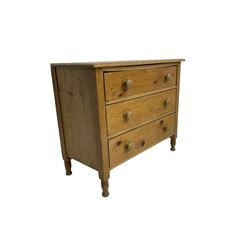 Late 19th century waxed pine chest, fitted with three drawers, raised on turned supports 