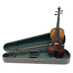 German Hopf violin c1900 with 35.5cm two-piece maple back impressed HOPF, maple ribs and spruce top, also marked HOPF internally L58.5cm overall; in Maidstone ebonised wooden coffin case with bow