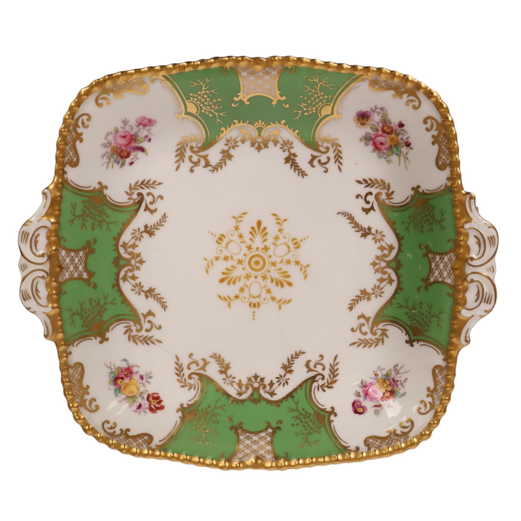 Coalport green batwing pattern tea service for eight, comprising teacups and saucers, side plates, milk jug, open sucrier and sandwich plate