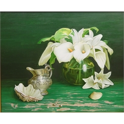  Gregori (Lysechko) Lyssetchko (Russian 1939-): Still Life of Calla Lilies, Shells, Pearls and Silver Ewer Jug. oil on canvas signed and dated 2007, 49cm x 60cm  