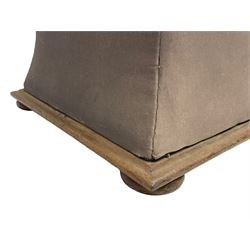 19th century upholstered ottoman, rectangular waisted form with hinged lid, upholstered in needle work cover decorated with floral panels and borders, the interior lined in blue fabric, lower moulded edge over compressed bun feet