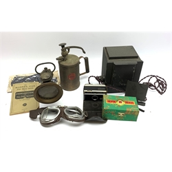 Powell & Hanmer carbide motorcycle lamp, pair of Halcyon aviator/motorcycle goggles, Monitor brass cased manual pressurised spray gun, Gamages black crackle finished projector etc  