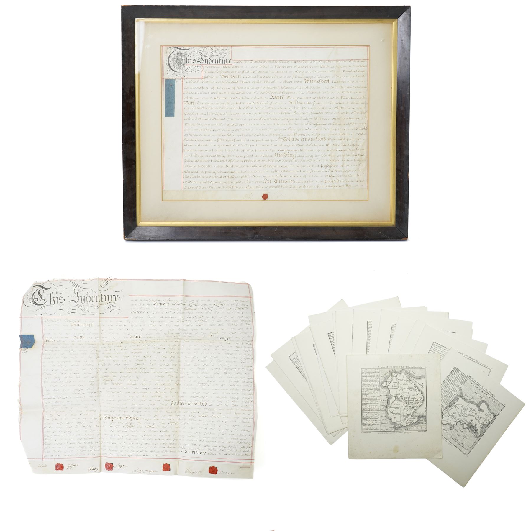 After Thomas Badeslade - series of twenty two reproduction small maps, framed 18th century indenture between Thomas Hyde, citizen and fishmonger and Tobias Hodgson, citizen and joiner of London and a lease regarding property in Soho 1834 