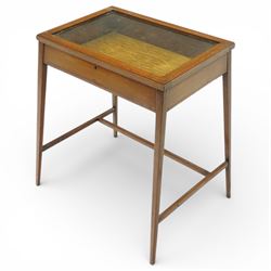 Edwardian inlaid mahogany bijouterie table, hinged glass top with upholstered interior, ra...