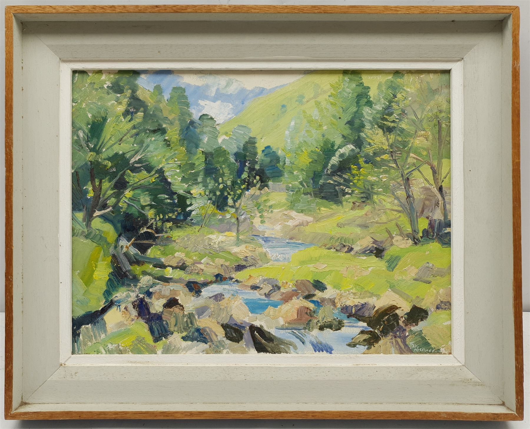 Thomas McAndrew (Northern British 1916-2002): River Landscape, oil on board signed, artist's address label verso 29cm x 39cm 
Notes: Tom McAndrew was founder of the Hartlepool Art Group
