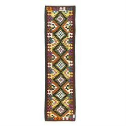 Chobi flatweave kilim runner, repeating diamond medallion design in a vibrant palette of g...