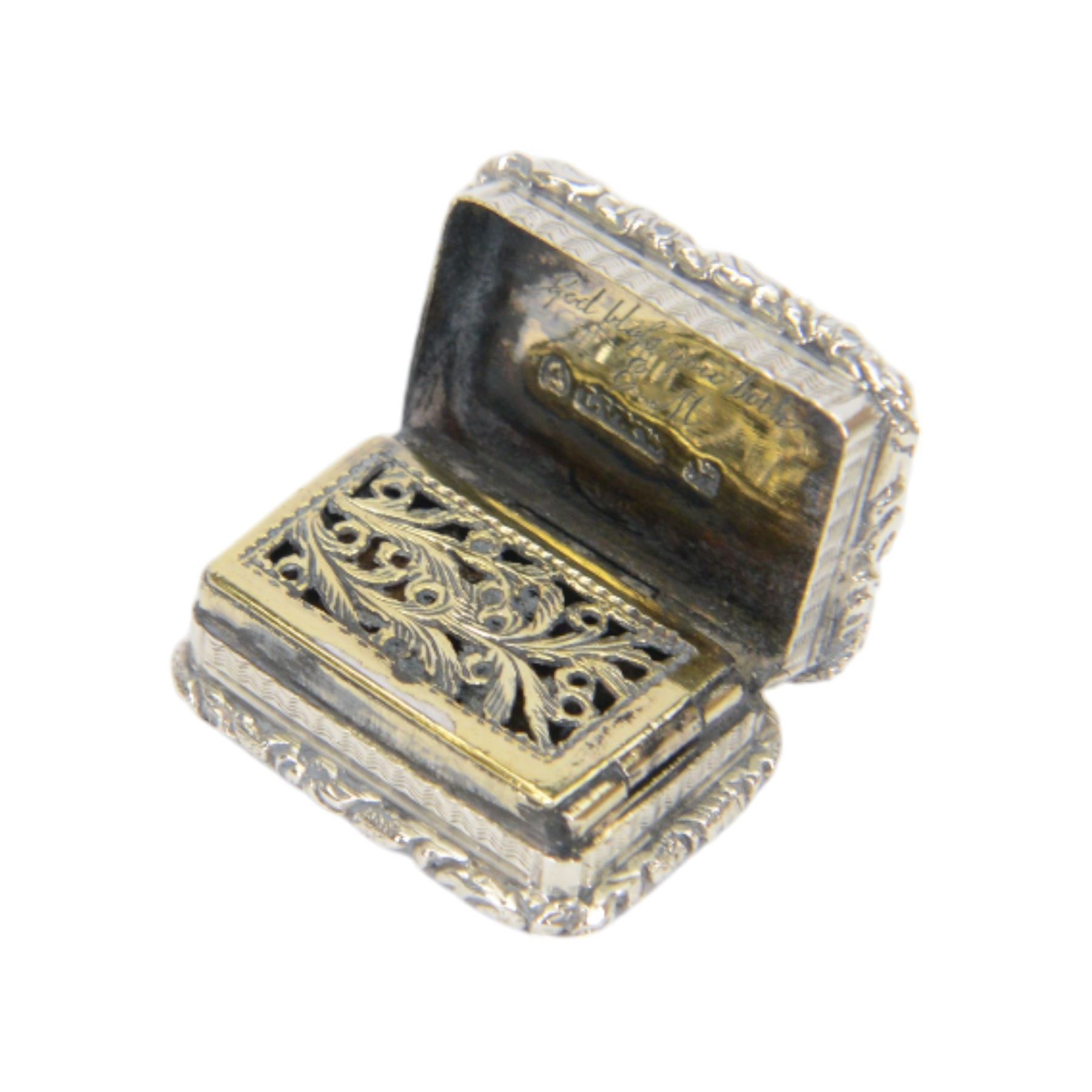 Georgian silver vinaigrette, of typical rectangular form, with engraved decoration and blank cartouche to hinged cover, opening to reveal gilt interior, with personal engraving, hallmarked Ledsam, Vale & Wheeler