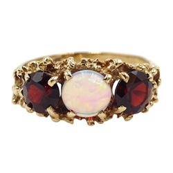9ct gold opal and garnet three stone ring, hallmarked