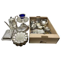 Collection of silver plate, to include tea pot, milk jugs, boxes, escargot dishes etc