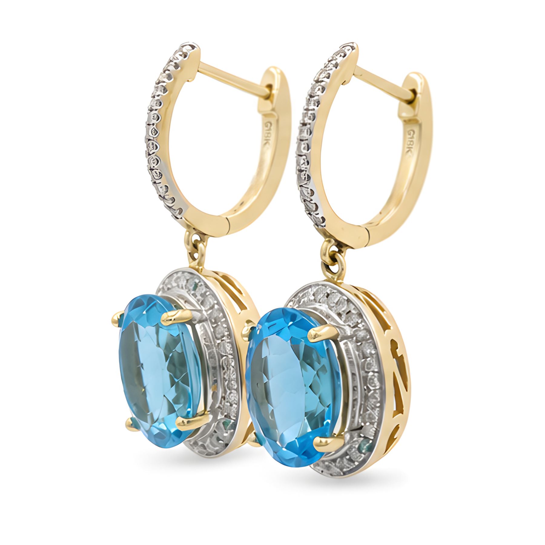 Pair of 14ct gold Swiss blue topaz and diamond pendant earrings, each stud suspending a single oval cut topaz, surrounded by single cut diamonds, to a diamond set bail, total topaz weight approx 8.00 carat