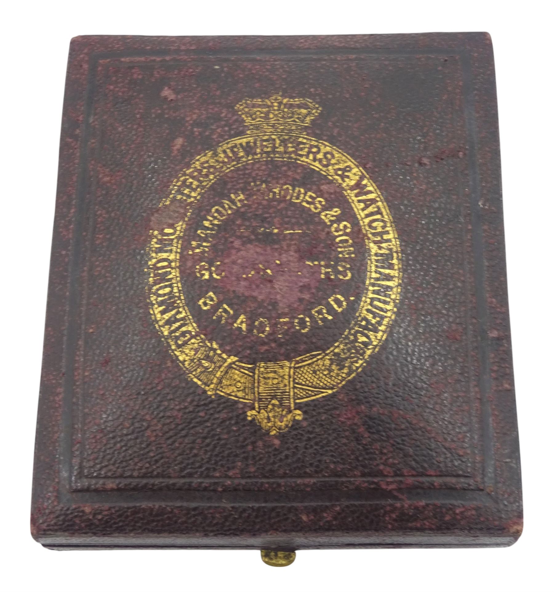 Victorian 18ct gold open face key wound fusee lever pocket watch by Rhodes & Son, Bradford, gilt dial with Roman numerals, case with engraved foliate decoration and cartouche, makers mark W K, London 1872, in fitted velvet and silk lined case