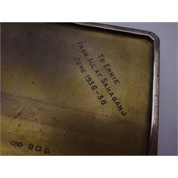 1920s silver cigarette case, of rectangular form with engraved monogram to cover, hallmarked John Henry Wynn, Birmingham 1929, together with a 1930s silver cigarette case, of rectangular form, with engine turned decoration and monogram to front cover, hallmarked Smith & Bartlam, Birmingham 1936, and an Edwardian silver vesta case, with engraved monogram, hallmarked William Neale, Birmingham 1908, largest H11.5cm