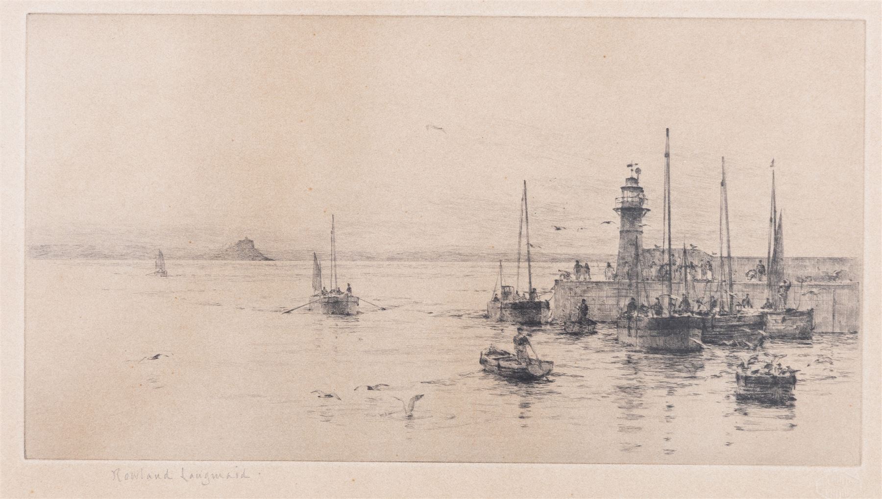 Rowland Langmaid (British 1897-1956): Newlyn and St Michael's Mount, etching signed in pencil 16cm x 30cm; Frank Henry Mason (Staithes Group 1875-1965):  Surrender of the German Fleet, etching 17.5cm x 35cm (2)
Notes: Original signature removed and wrongly attributed.