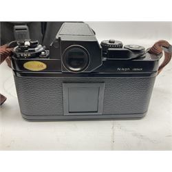 Nikon F3 SLR camera, serial number 1583609; Nikon 50mm 1:1.8 lens; Nikon 28-85mm 1:3.5-4.5 zoom lens; Vivitar MC 2X-3 Tele Converter, and a Nikon Speedlight SB-16 flash