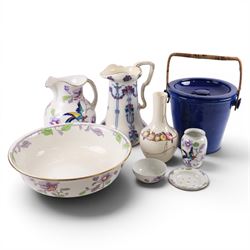 Edwardian blue glazed slop bucket, together with two toilet jugs, vases etc 