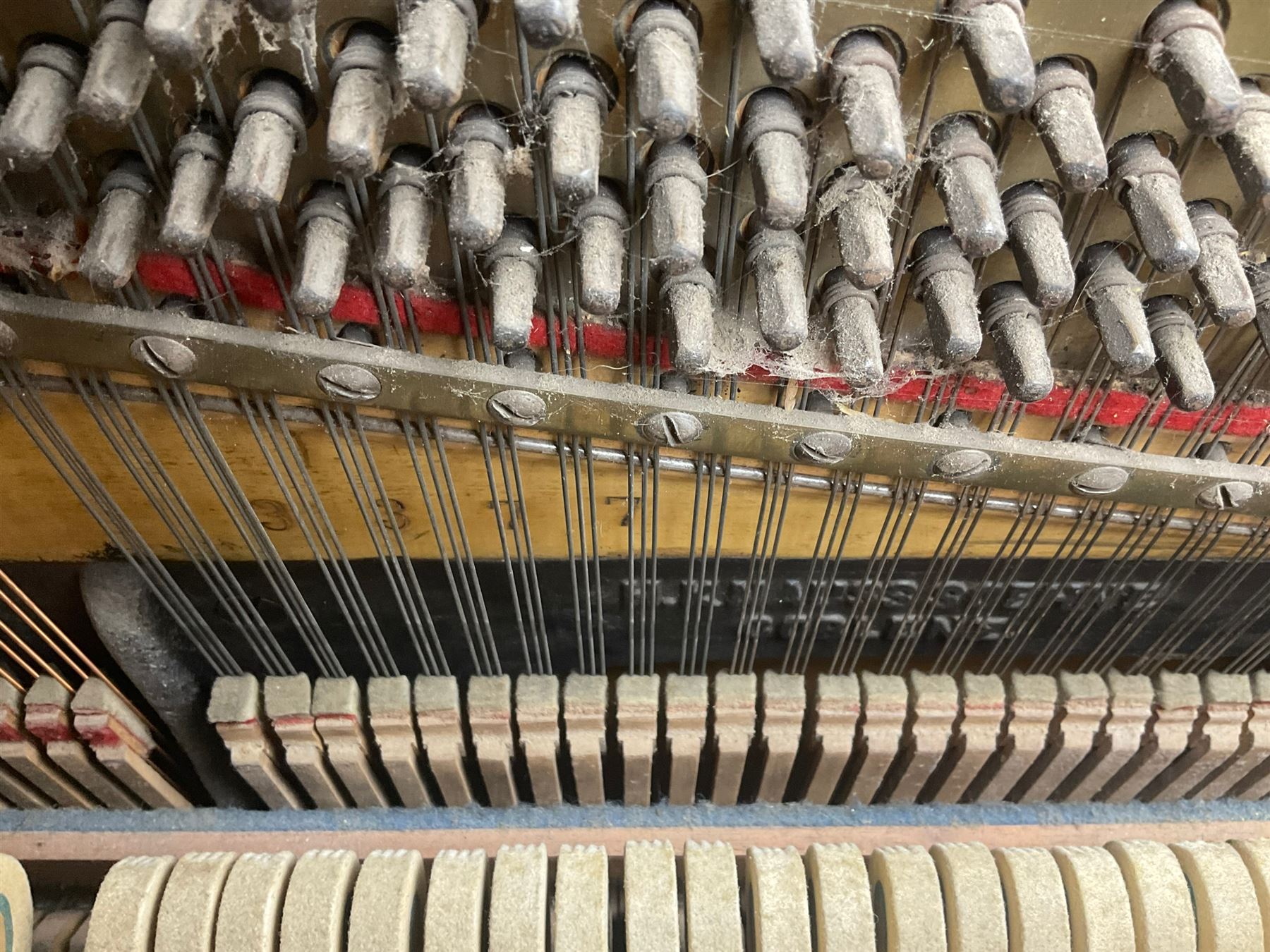 Knauss Coblenz - early 20th century rosewood cased upright piano, straight strung iron movement, simulated ivory keys