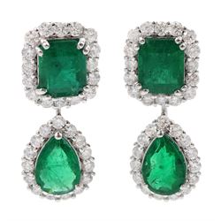 Pair of 18ct white gold emerald and round brilliant cut diamond pendant stud earrings, stamped 18K, total emerald weight approx 5.10 carat, total diamond weight approx 1.70 carat