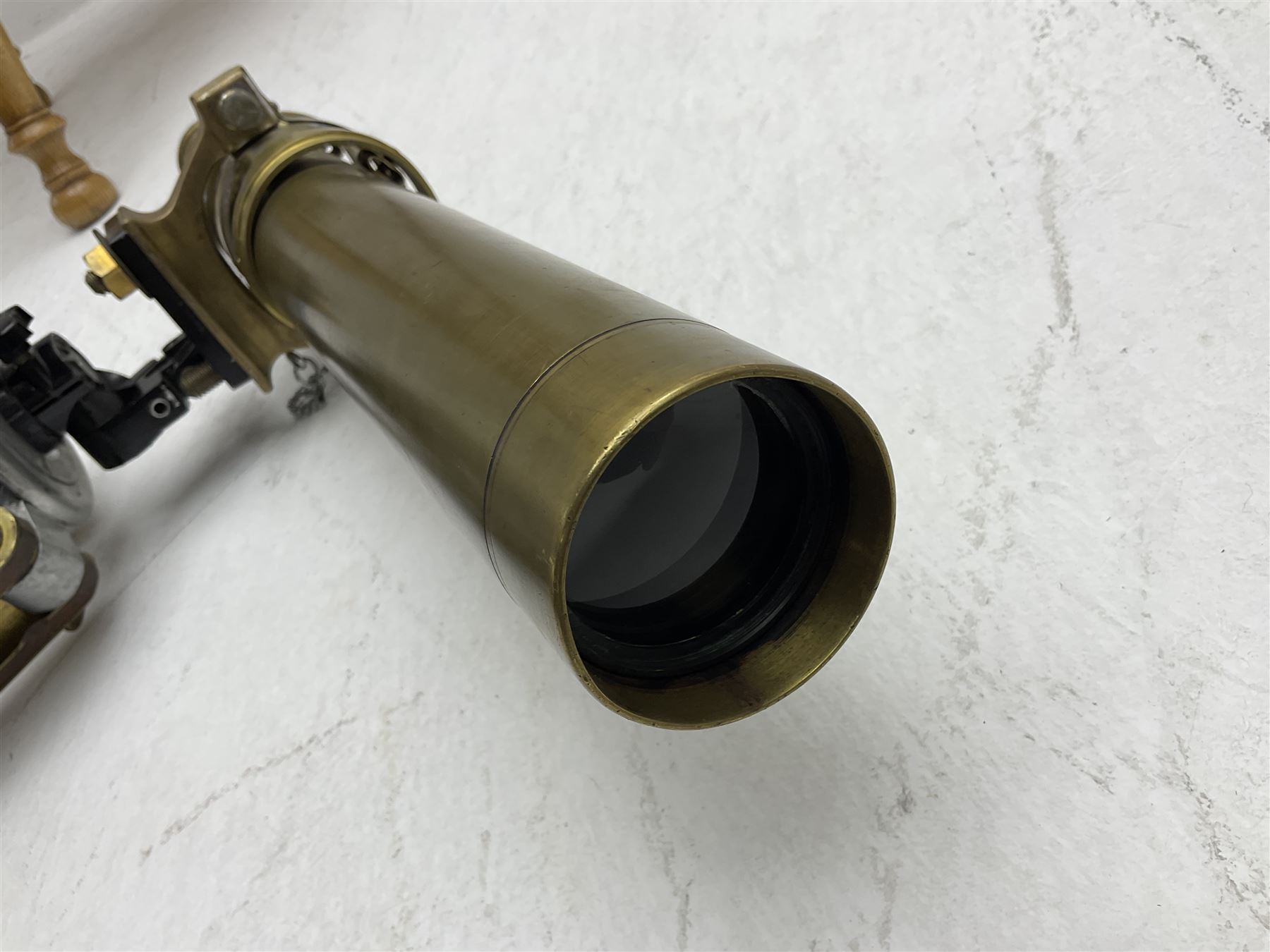 Early 20th century Ross London brass gunsight L67cm now as a telescope with Gaskell & Chambers bracket on hardwood and brass adjustable tripod marked 'Stands Inst No.16 Mk.1'