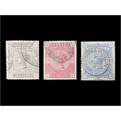 Great Britain Queen Victoria 1883-4 stamps, comprising two shillings and sixpence, five shillings and ten shillings, all used, all previously mounted