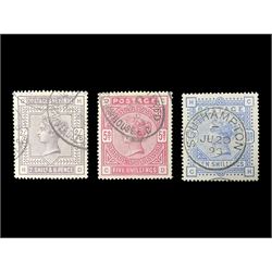  Great Britain Queen Victoria 1883-4 stamps, comprising two shillings and sixpence, five shillings and ten shillings, all used, all previously mounted