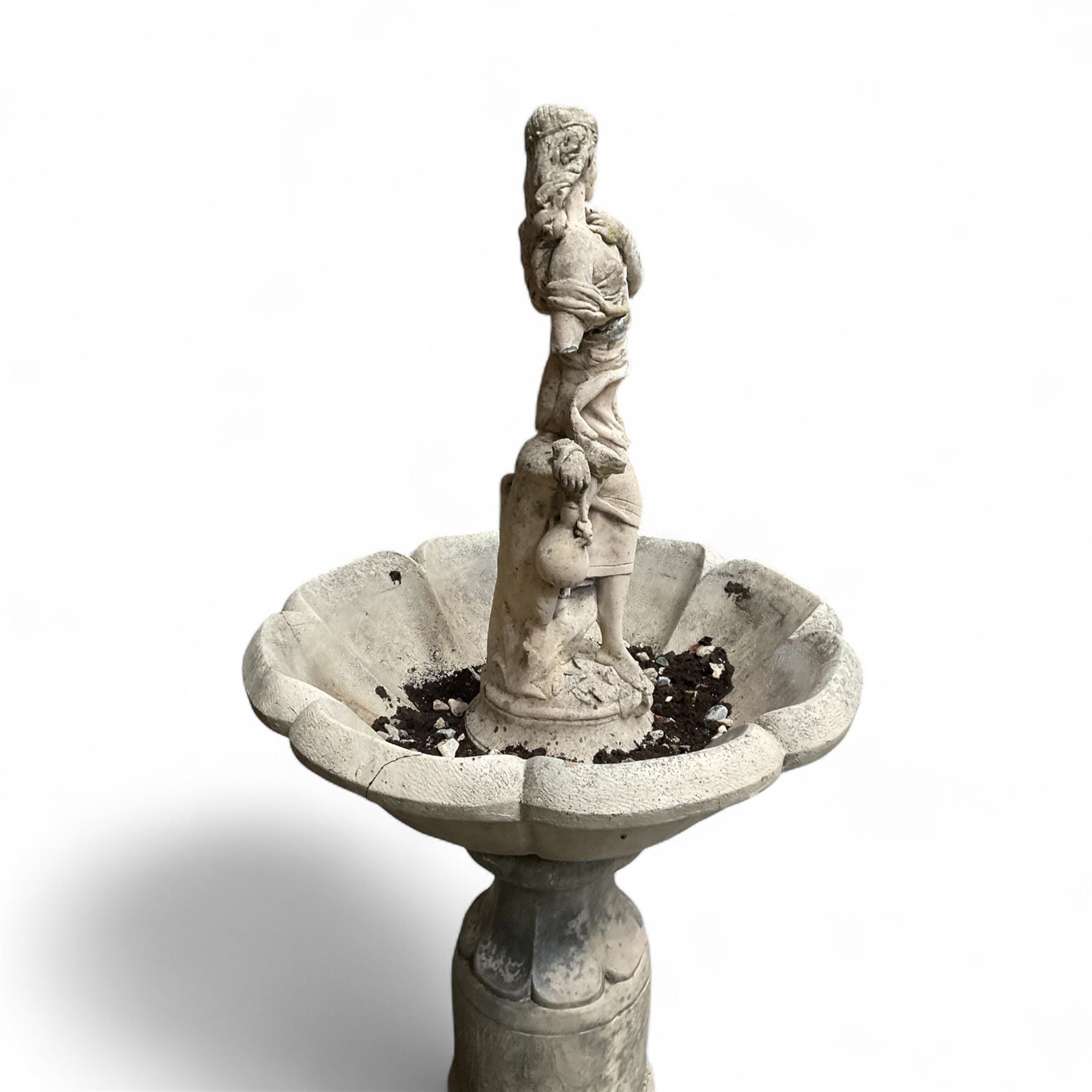 Cast stone garden centre-piece bird bath with raised female figure