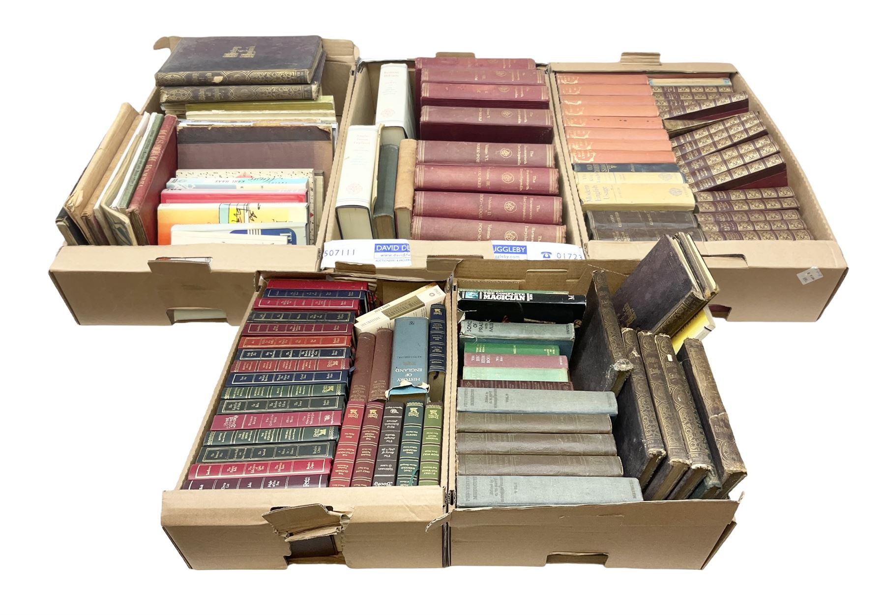 Collection of books, to include eight volumes of The Harmsworth Encyclopaedia, Dicken novels, readers digest books etc in five boxes