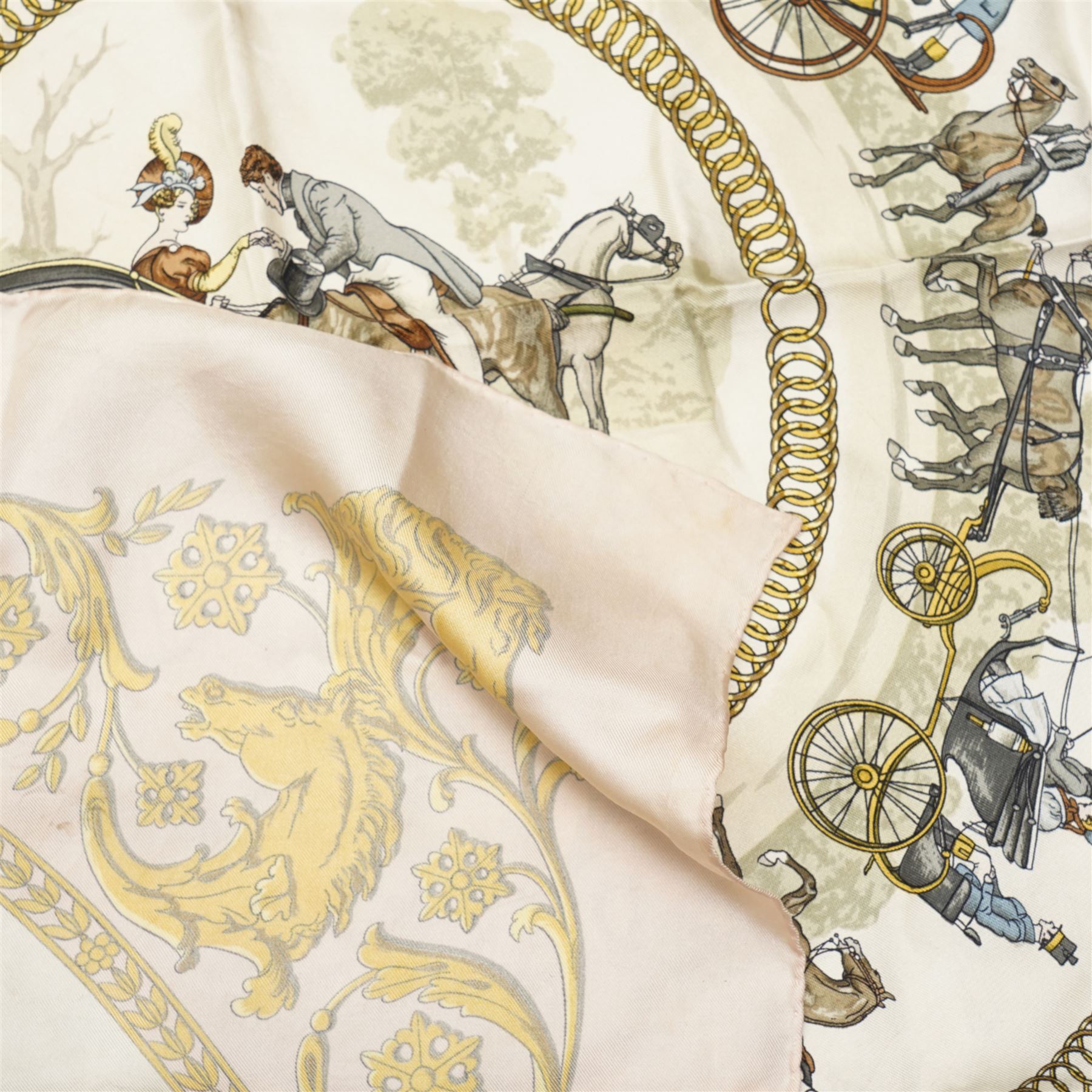 Hermes 'La Promenade de Longchamps' silk scarf in the cream pink and gold colourway, designed by Philippe Ledoux, 86cm x 86cm