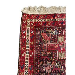 North African flat-woven rug, decorated with small stylised animal and bird motifs, five geometric star medallions